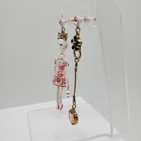 Betsey Johnson Skeleton Earrings Dia de los Muertos Pink Heart 3" Drop Dangle - Picture 7 of 8